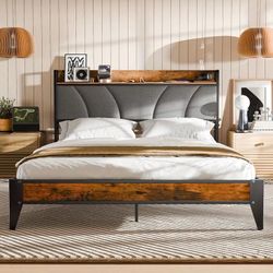 King Size Modern Metal Bookcase Bed Frame with Storage and Built-in Power Outlets Headboard