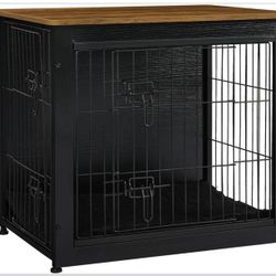 DWANTON Dog Crate Furniture with Cushion, Wooden Kennel Table with Double Doors, Indoor Dog House, Small/Medium/Large Size, 27.2" L, Black+Warm Brown