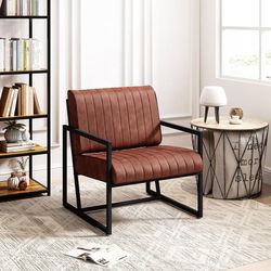 Modern Accent Chair with Metal Frame PU Leather Lounge Armchair with Padded Backrest Seat Cushion for Living Room Bedroom Office Studio Brown 