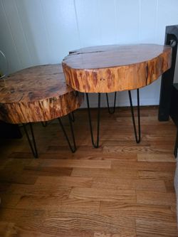 Rustic Log Slice Coffee Tables with Hairpin Legs