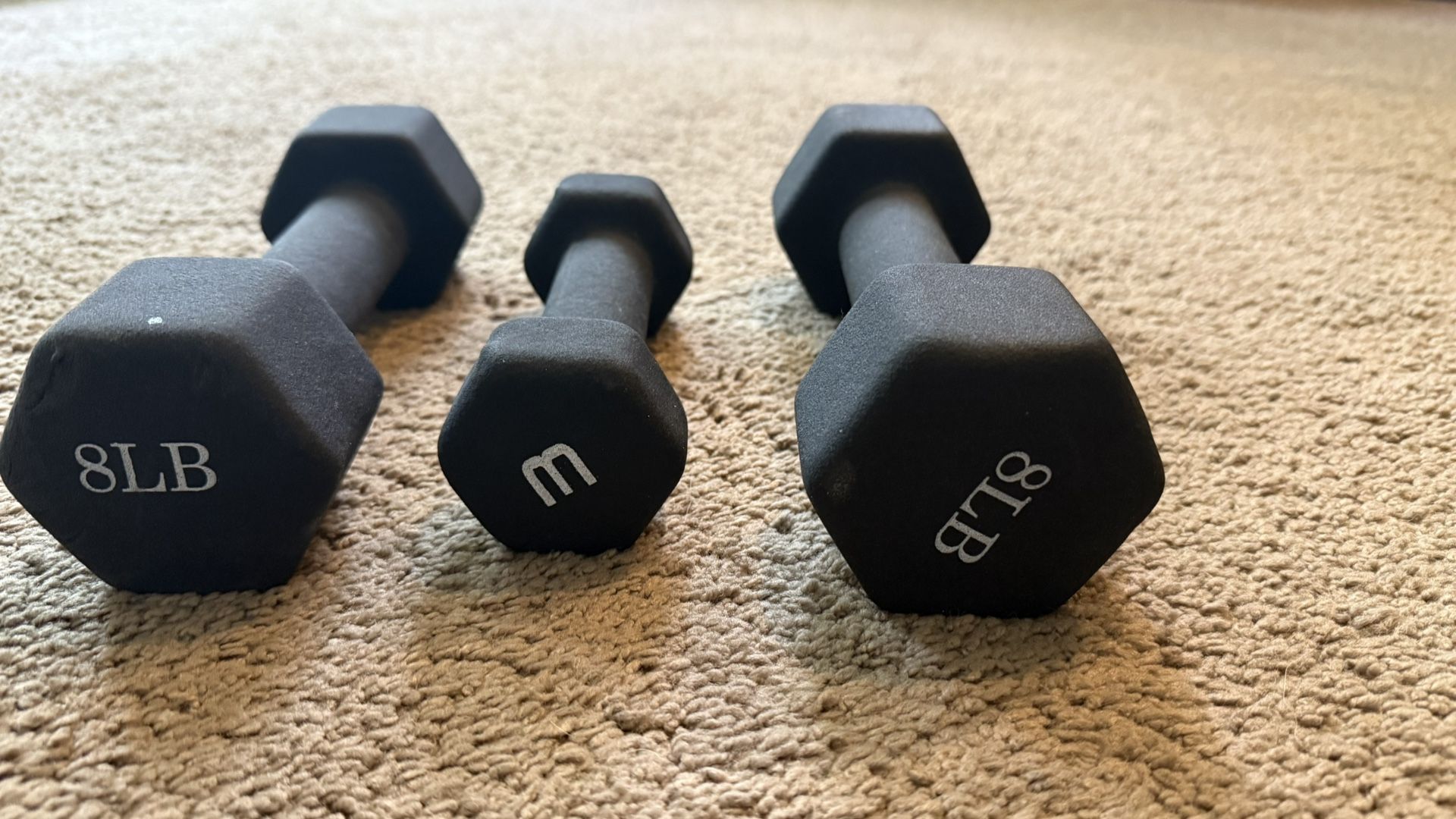 Set of Dumbbells – 8 lb Pair & 3 lb – Neoprene Coated Free Weights