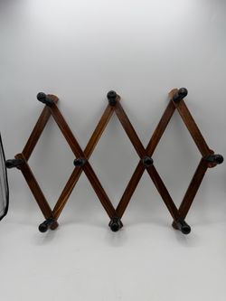 Vintage Wood Accordion Coat Mug Hat Wall Rack 10 Pegs Expandable 70-80s Cottage