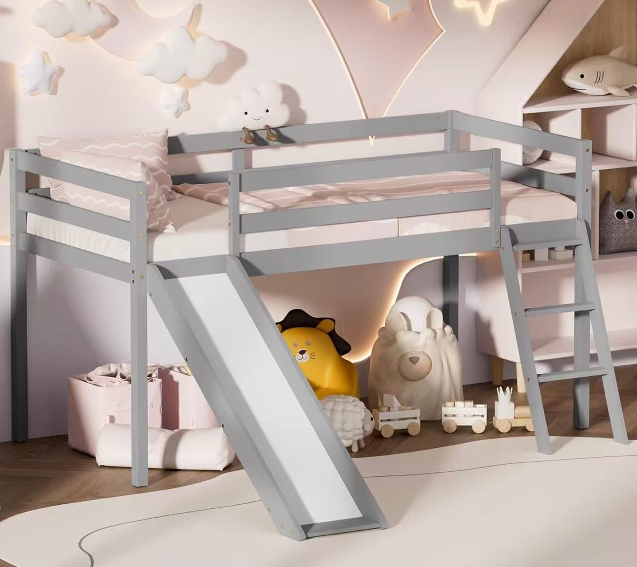 TOLEAD Low Loft Bed with Slide, Wood Twin Loft Bed Frame with Climbing Ladder & Storage Space for Kids Toddler (Grey) $130