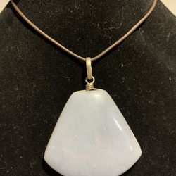 Angelite Natural Stone Pendant  With Silver Metal Necklace On Leather  