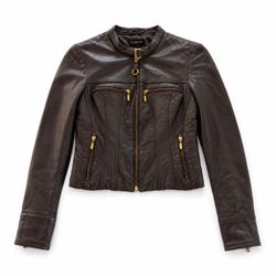Bebe XS Genuine Leather Jacket Brown Gold Zip Moto Cropped
