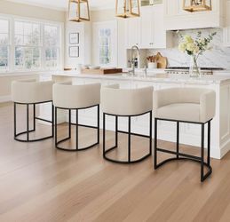 Set Of 4 LUE BONA Counter Height Bar Stools Set of 4, Modern Barrel Counter Stools with Backrest and Arms, Black Metal Frames, Linen Fabric Upholstere