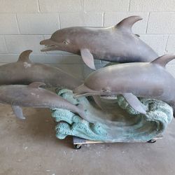 RARE Leonardo Rossi Five Dolphin Bronze Fountain 37 tall x 73 across x 36 wide Signed Italian Ocean Dolphins LARGE STATUE HOME DECOR