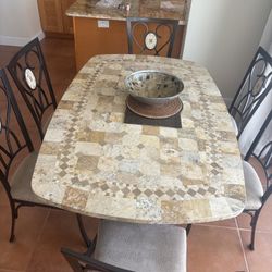 Stone And 6 Black Steel Chairs With Suede Cushions. Beautiful Excellent Condition 