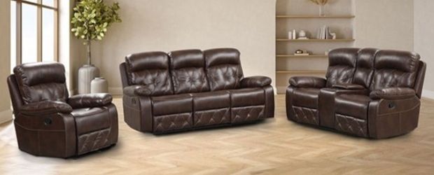 Brand New Super Plush Brown Leather 3pc Reclining Sofa Set