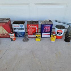 Group of Vintage Metal Garage Gas Antifreeze Coleman Automobilia Cans