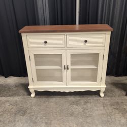 Two-Tone Cream and Brown Wood Buffet with Mesh Doors