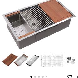 Dcolora 33 in. Undermount Single Bowl Workstation Stainless Steel Kitchen Sink 16 Gauge 304 Handmade Welding with Accessories, Round Corner 33"x19"x10