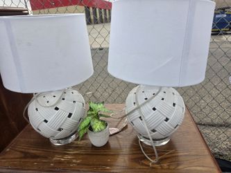 Pair of White Woven Ceramic Table Lamps