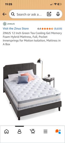 Mattress:  ZINUS 12 Inch Green Tea Cooling Gel Memory Foam Hybrid Mattress