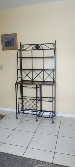 Black Metal BAKER'S RACK w Wine Storage Wood Shelving