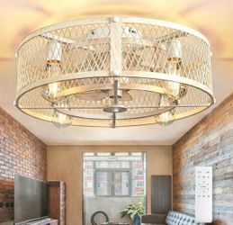 Depuley Flush Mount Ceiling Fan: 20" Caged Ceiling Fans with Lights and Remote Control for Kitchen Bedroom Farmhouse - Rustic Low Profile Ceiling Fand