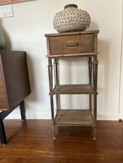 Rustic Industrial Side Table with Drawer & Shelves | Wood & Metal Accent Table