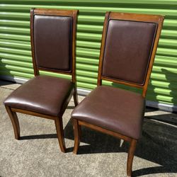 Mid Century Dining Chairs Set of 2 Wood Brown Vinyl Upholstered Chairs