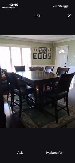 Dining Room Solid  Dark Wood Table with 6 Padded Chairs 40”x60” Insert 78”