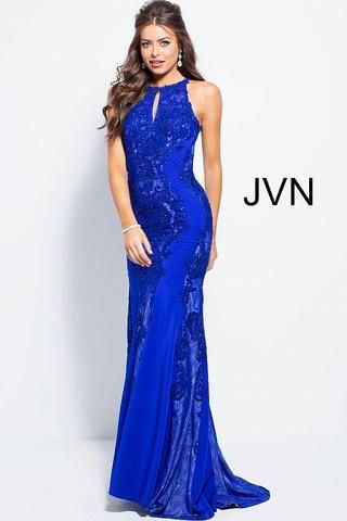 JVN BY JOVANI 55869 EMBELLISHED LACE KEYHOLE NECKLINE PROM DRESS