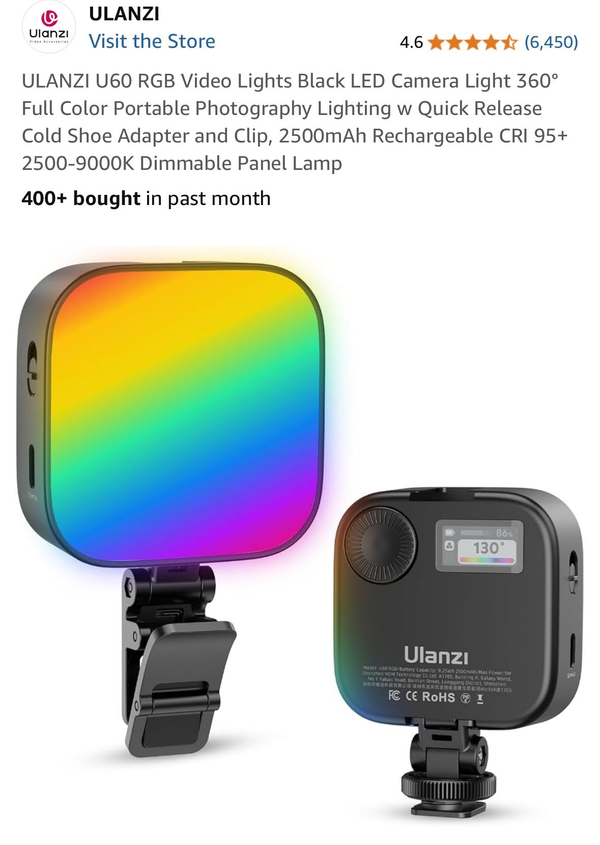ULANZI U60 RGB Video Lights Black LED Camera Light 360° Full Color Portable Photography Lighting w Quick Release Cold Shoe Adapter and Clip, 2500mAh R