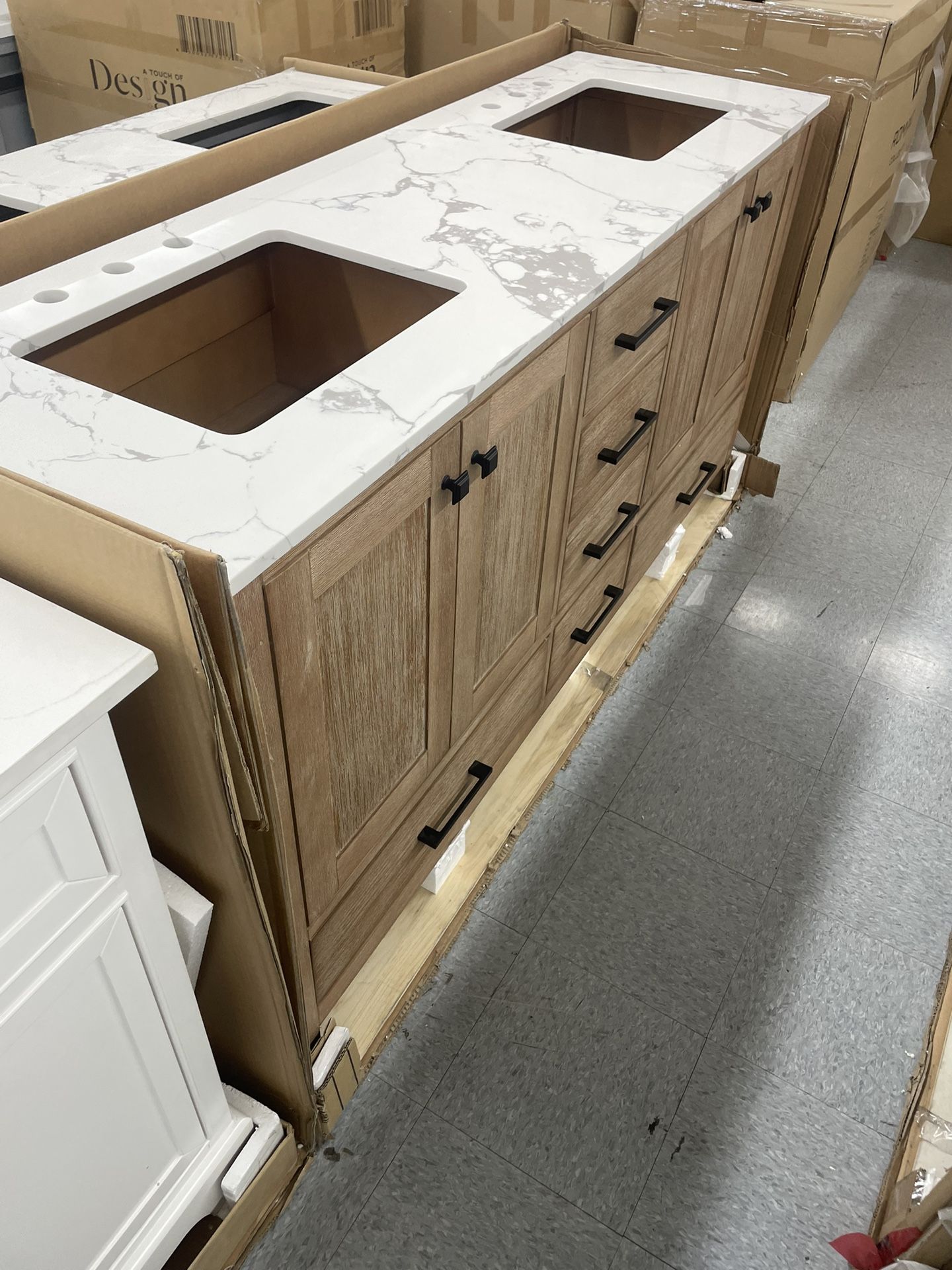 Bathroom vanity cabinet 72” solid Teak Quartz top with sinks and backsplash