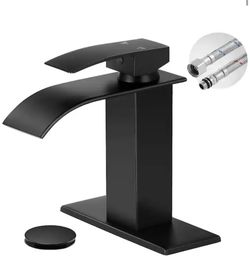AKLFGN Waterfall Spout Single Handle Single Hole Bathroom Faucet with Deckplate and Pop-Up Drain in Matte Black @E2-662