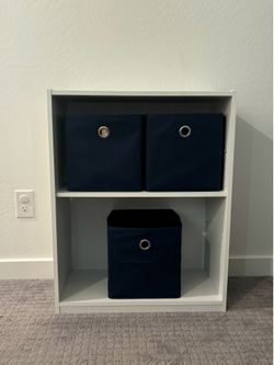 Kids bookcase, includes navy storage bins if desired