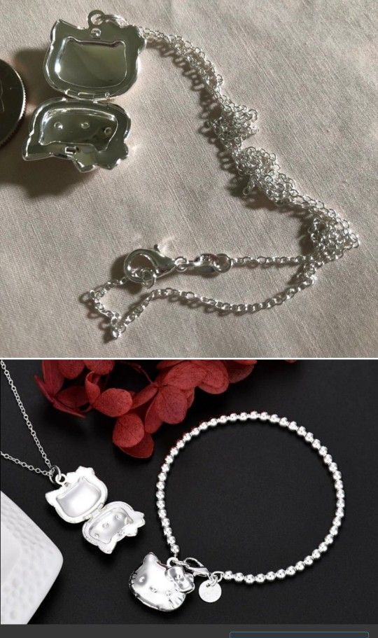 New Hello Kitty 925 Stamped Locket Necklace And Bracelet set. Swipe Left For More Hello Kitty SOLD SEPARATELY SHIPPING