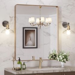 LOAAO 30”X36” Gold Bathroom Mirror, Rounded Rectangle Gold Frame Mirror, Brushed Gold Bathroom Vanity Mirror Wall-Mounted, Anti-Rust, Tempered Glass, 
