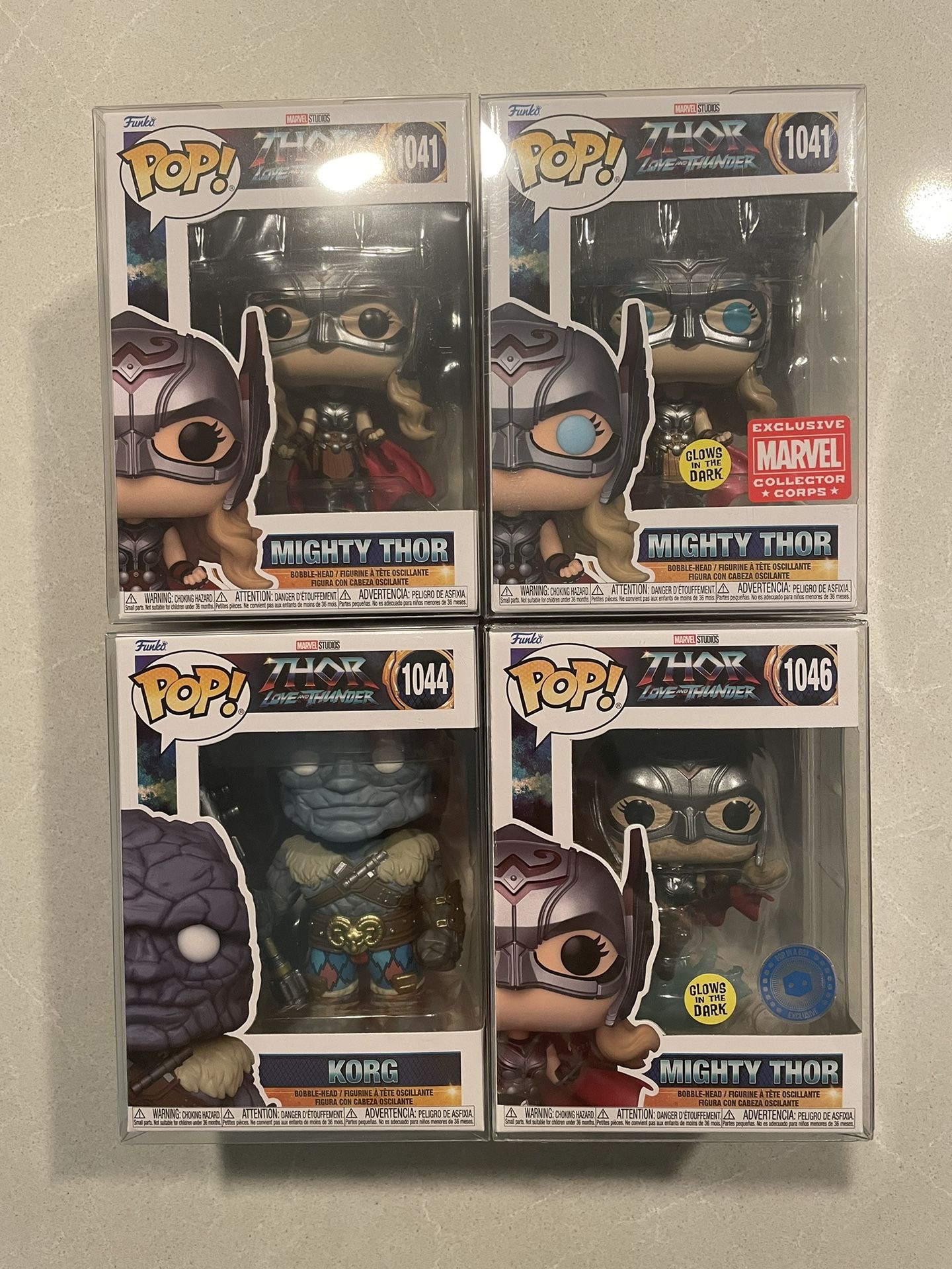 GLOW Mighty Thor & Korg Funko Pop Set *MINT* Marvel Avengers Love & Thunder 1041 1044 with protector Multiverse Stormbreaker Jane Foster 1046