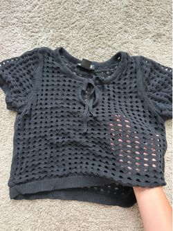 DKNY Black mesh crop top with tie front