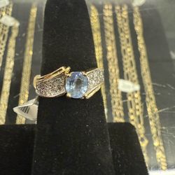 14KT Gold Ring W/ Lab Grown Diamonds & Blue Stone 39329-9