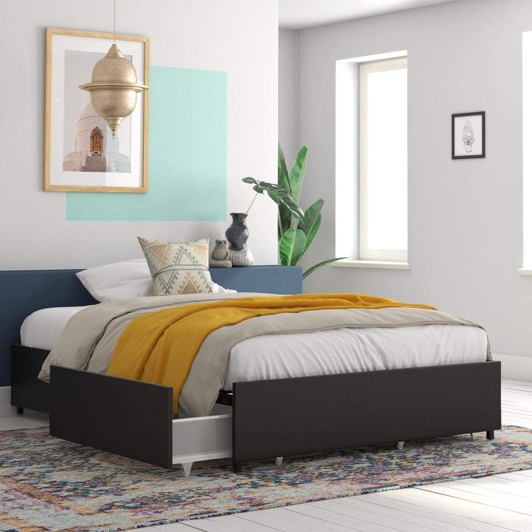 Brand New! Black Queen Faux Leather Platform Bed Frame With Storage Drawers