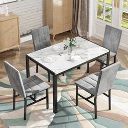 Products 5-Piece Marble Dining Set, Modern Kitchen Table and Chairs for Dining Room, Dinette, Compact Space Saving Furniture, 4 Upholstered Grey Velve