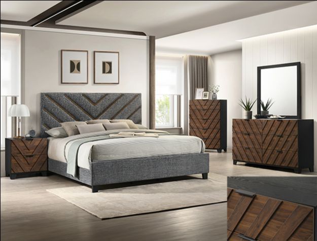 Bedroom set 4 pc Grey Upholstery fabric, Brown and Black wood finish, New Especial price