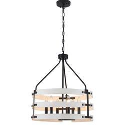 6-Light Black and Distressed White Farmhouse Chandelier, Triple Circle Candle Chandelier for Sloped Ceilings L16