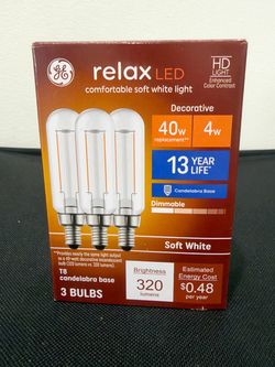 RELAX LED SOFT WHITE DECORATION CANDELABRA BASE  BULBS - 3 PACK. 40 W.