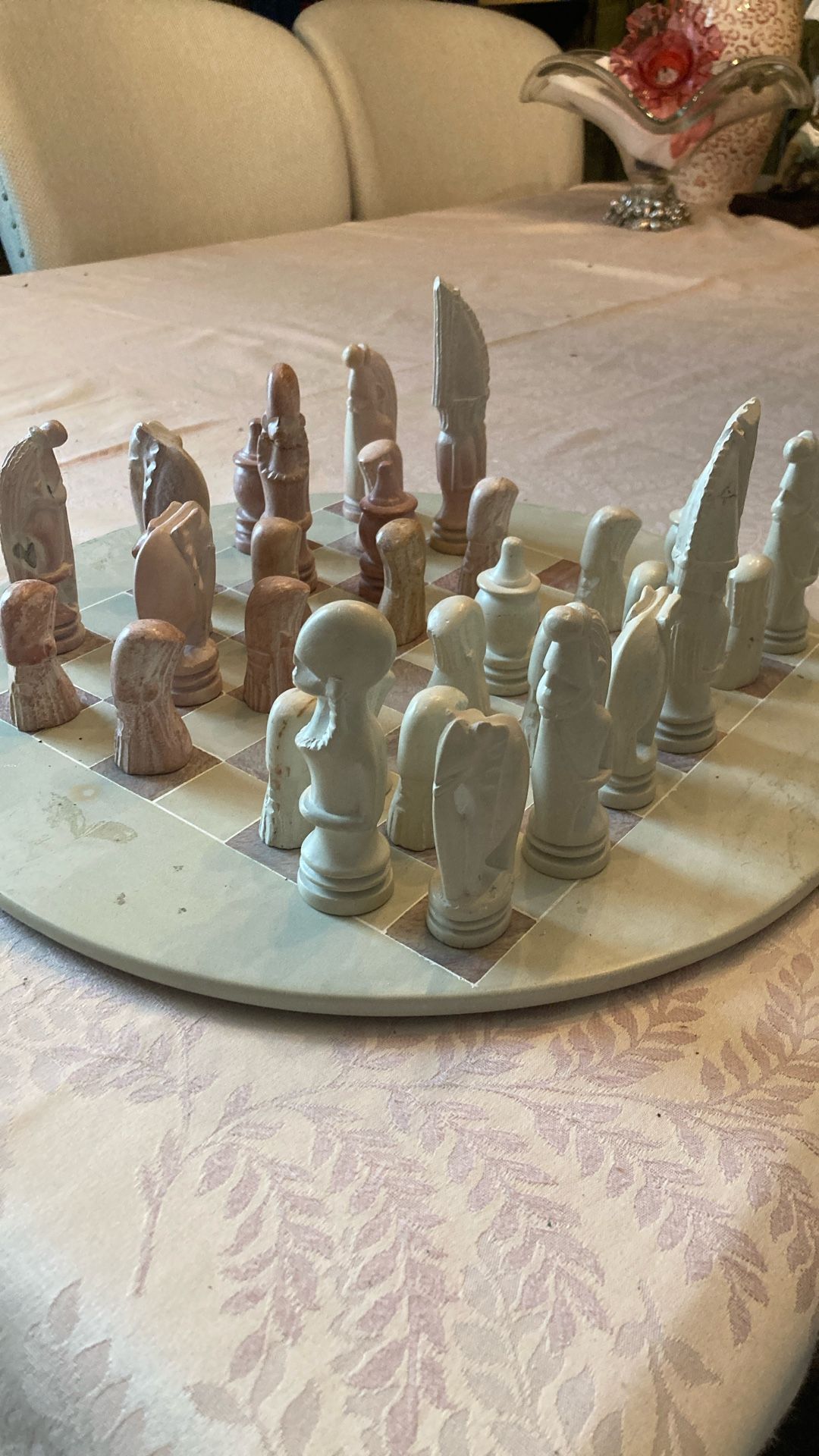 Vintage Pink and Cream Marble Soapstone Chess Board with Hand Carved African Chess Pieces