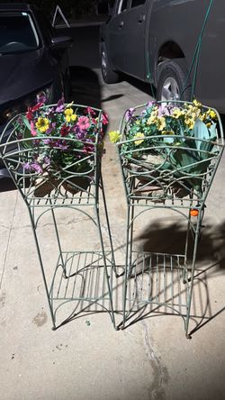 Pair of Green Wrought Iron Plant Stands