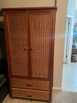 $600 OBO Large 71”Vintage wicker rattan armoire / 2 Drawer/ Three shelves