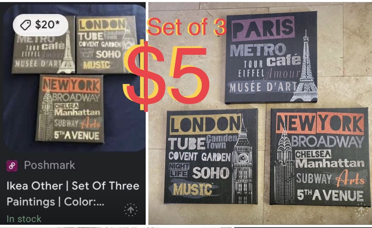 $5 Set of 3 Canvas Ikea London/New York /Paris in grear condition wall decor