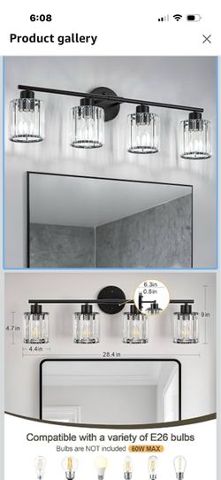 Crystal Bathroom Light Fixtures, Bathroom Lighting Fixtures Over Mirror, Modern Black 4-Light Vanity Lights for Mirror, Restroom, Bedroom (Ceramic E26