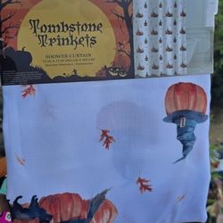 Halloween Shower Curtain Black Cats Pumpkins 