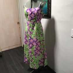 Custom made Retro Empire Waist  Polynesian / Tiki / Tropical / Luauu Dress Lime Green / Pink / Blue With Left Side Slit