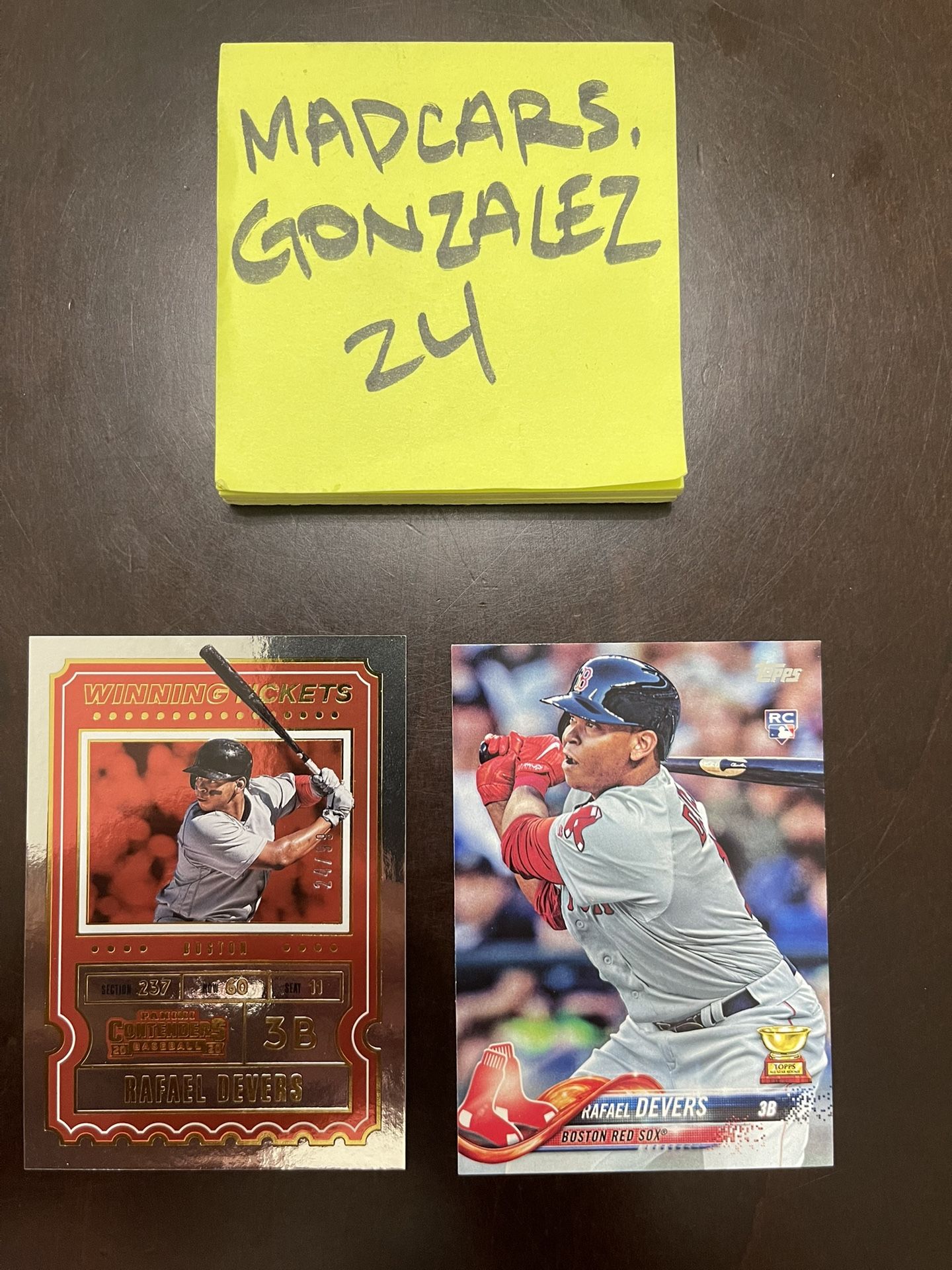 2018 Topps Rafael Devers rookie card and Panini Contender /99 Red Sox Giants.