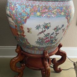 Chinese Famille Rose Fishbowl Planter with Stand