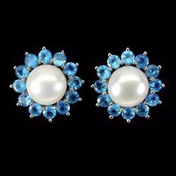 Natural Unheated Round Apatite 3mm Pearl White Gold Plate 925 Sterling Silver Earrings