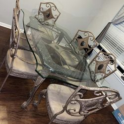 Elegant Marble  Iron  Dining Table w/ Glass Top & 6 Chairs 