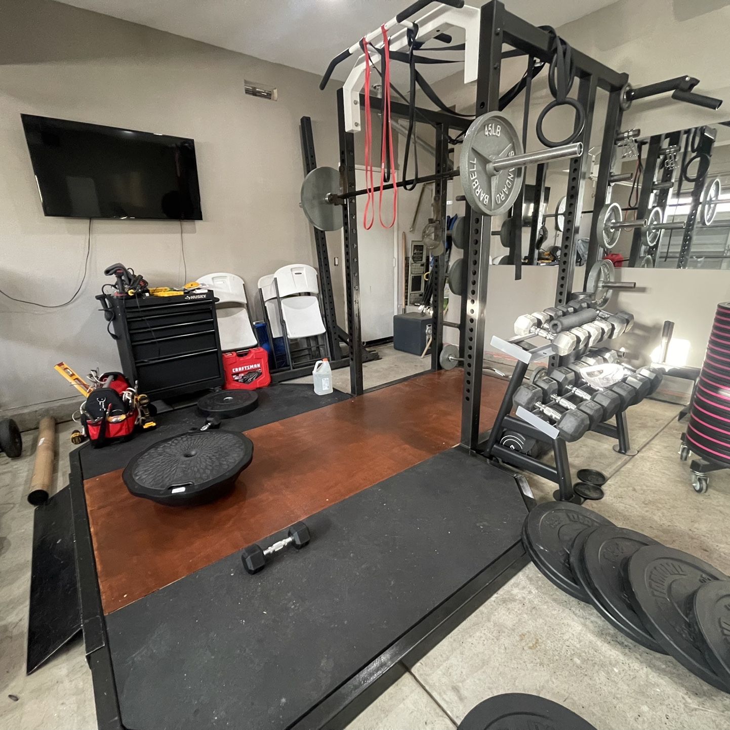 Commercial Olympic Cage With Weights,Dumbbells, Barbell, and Clips 